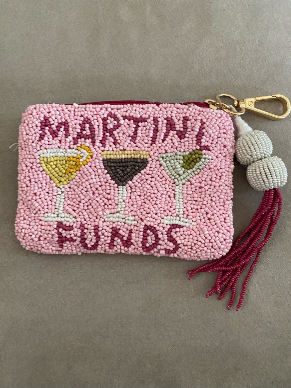 Beaded 'Martini Funds' Pink Coin Pouch with Tassel. NWOT